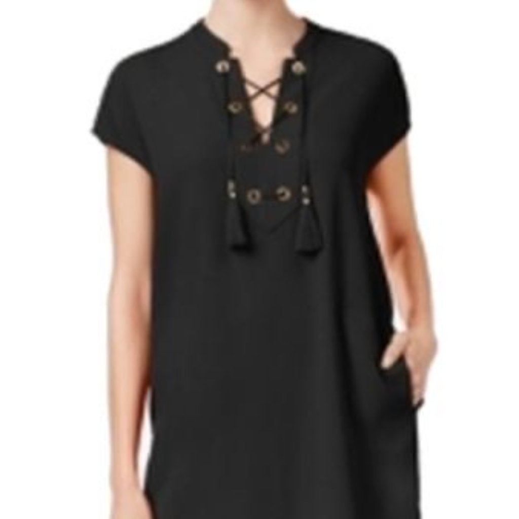 Calvin Klein New Black Womens Size 8 Grommet Lace-Up Tassel Shift Dress